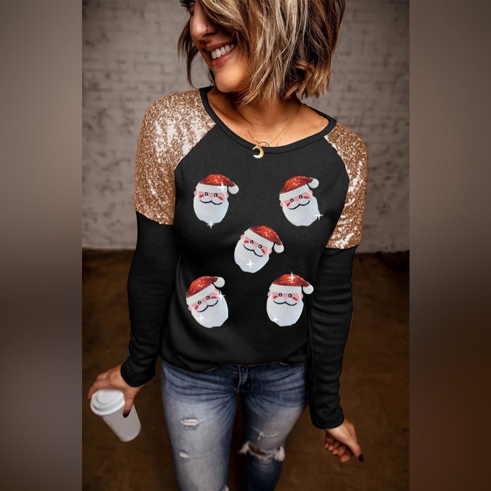 Black Santa Gold Sequin Long Sleeve Round Neck Santa Top